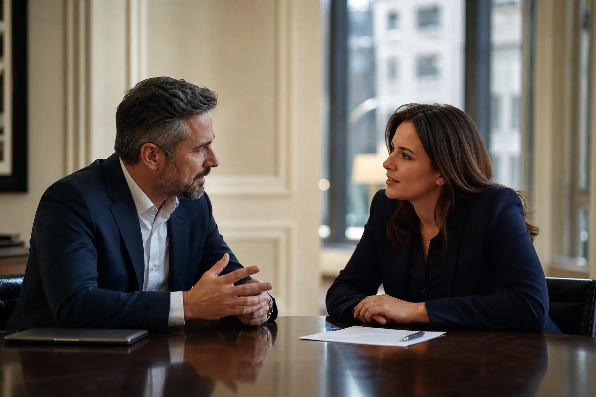 Ein Mann und eine Frau im Gespräch an einem Besprechungstisch