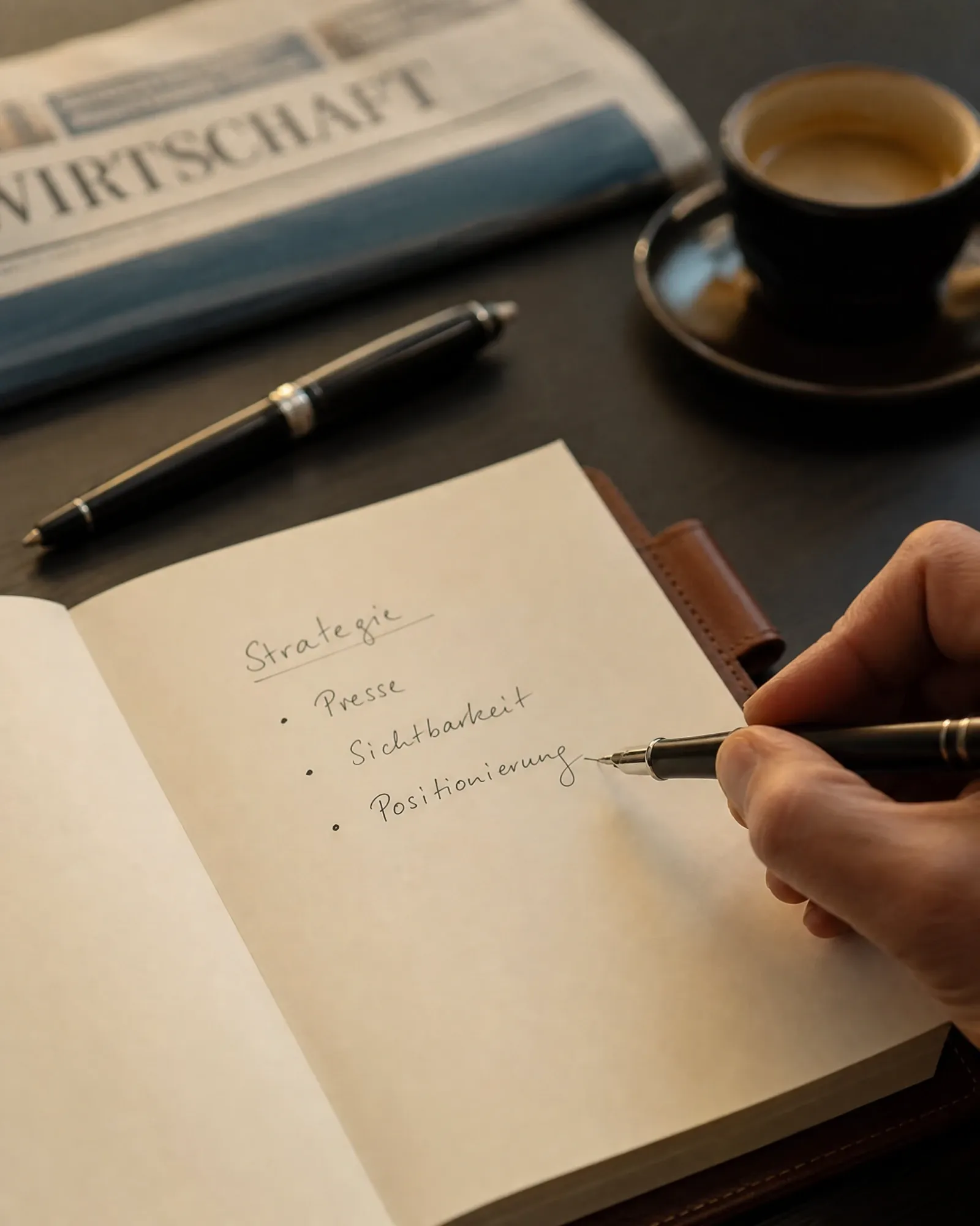 Hand schreibt in ein Notizbuch: Strategie, Presse, Sichtbarkeit, Positionierung. Daneben Wirtschaftsteil und Espresso