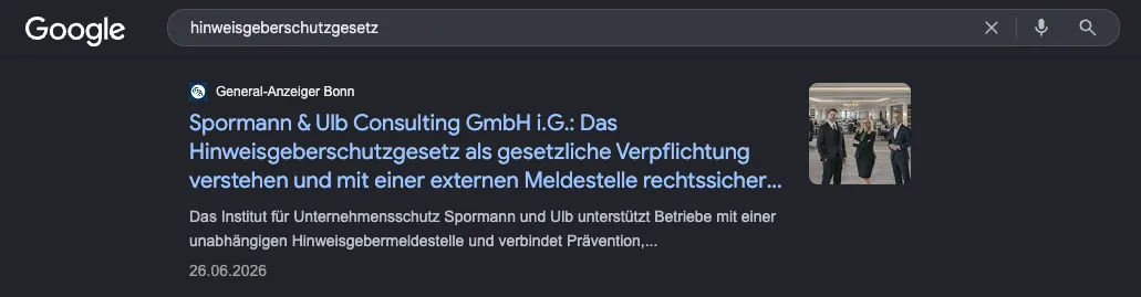 Google-Suchergebnis zu „hinweisgeberschutzgesetz“: Beitrag im General-Anzeiger Bonn über Spormann & Ulb Consulting GmbH mit Bild der drei Beraterinnen und Berater, Datum 26.06.2026.