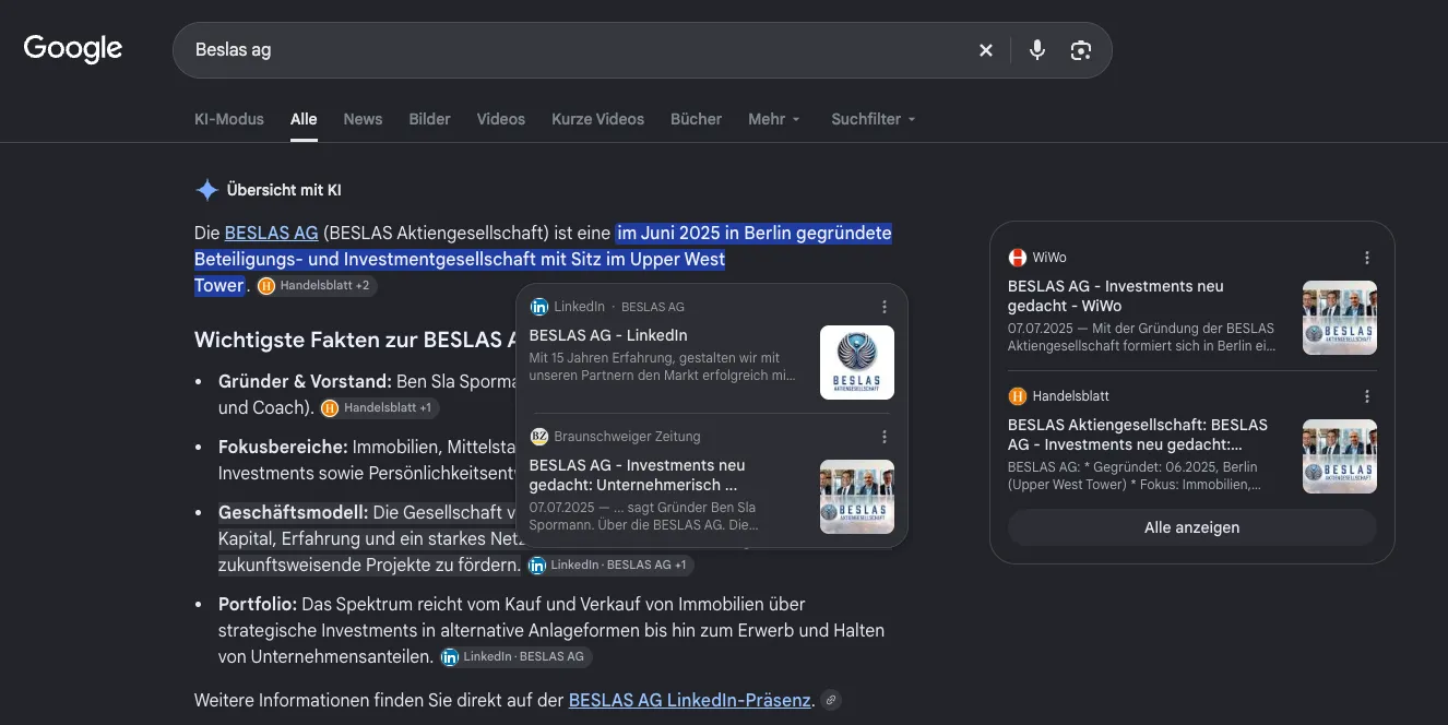 Google-Suche nach „Beslas ag“ mit Übersicht mit KI: Beschreibung als im Juni 2025 in Berlin gegründete Beteiligungs- und Investmentgesellschaft, Quellen WiWo, Handelsblatt und Braunschweiger Zeitung.