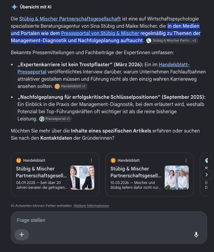 Google-Übersicht mit KI zu Stübig & Mischer: Beschreibung als Beratung, die regelmäßig in Medien und Portalen auftaucht, darunter zwei Beiträge aus März 2026 und September 2025 mit Quellen.