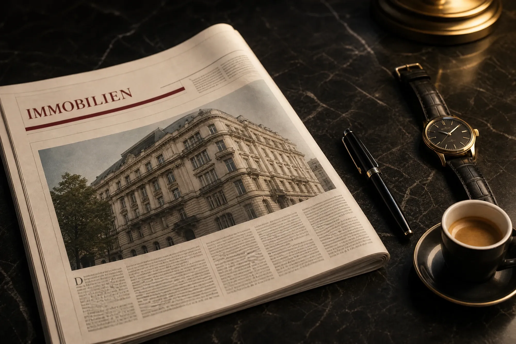 Zeitung mit dem Ressort Immobilien und einem Altbau auf der Seite, daneben Füller, Armbanduhr und Espresso