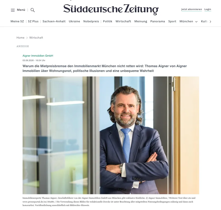 Screenshot der Veröffentlichung in der Süddeutschen Zeitung mit Foto von Thomas Aigner
