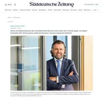 Screenshot der Veröffentlichung in der Süddeutschen Zeitung mit Foto von Thomas Aigner
