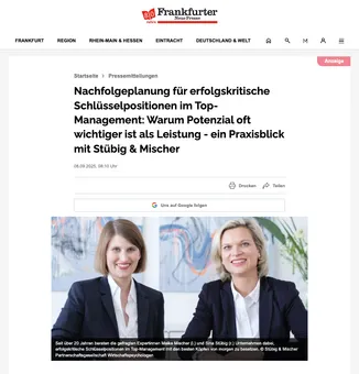Screenshot der Veröffentlichung in der Frankfurter Neuen Presse mit Foto von Maike Mischer und Sina Stübig