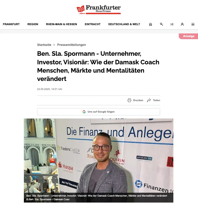Screenshot der Veröffentlichung in der Frankfurter Neuen Presse mit Foto von Ben Sla. Spormann