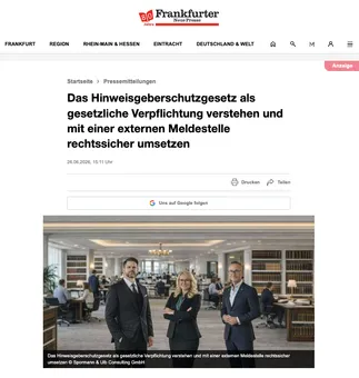 Screenshot der Veröffentlichung in der Frankfurter Neuen Presse mit Foto der drei Beraterinnen und Berater von Spormann & Ulb