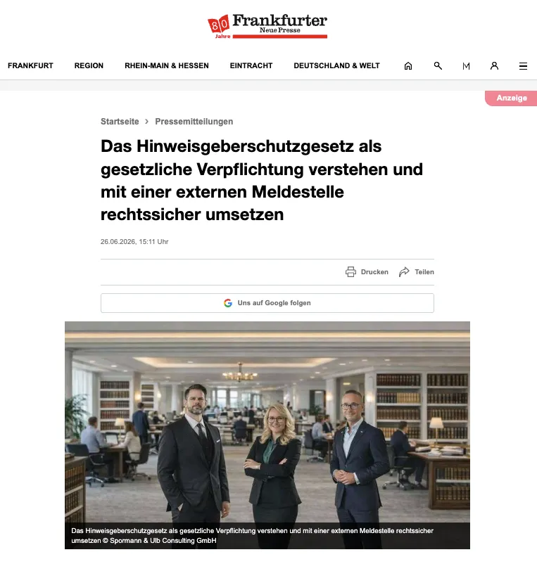Screenshot der Veröffentlichung in der Frankfurter Neuen Presse mit Foto der drei Beraterinnen und Berater von Spormann & Ulb