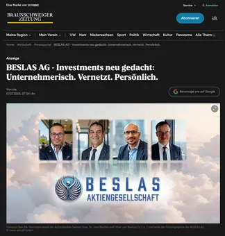 Screenshot der Veröffentlichung in der Braunschweiger Zeitung mit Bild von Vorstand und Aufsichtsräten der BESLAS AG