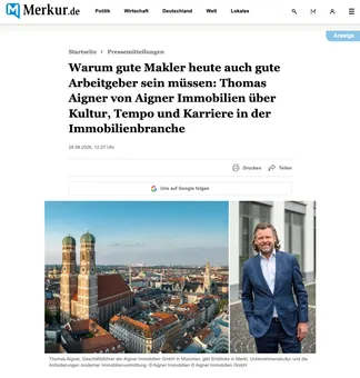 Screenshot Merkur.de: Warum gute Makler heute auch gute Arbeitgeber sein müssen, Thomas Aigner von Aigner Immobilien