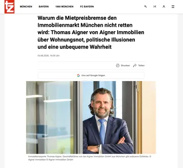 Screenshot tz: Warum die Mietpreisbremse den Immobilienmarkt München nicht retten wird, mit Foto von Thomas Aigner