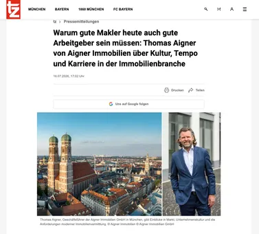 Screenshot tz: Warum gute Makler heute auch gute Arbeitgeber sein müssen, mit Foto von Thomas Aigner