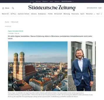 Screenshot Süddeutsche Zeitung: 35 Jahre Aigner Immobilien, mit Foto von Thomas Aigner und der Münchner Frauenkirche
