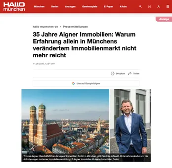 Screenshot Hallo München: 35 Jahre Aigner Immobilien, mit Foto von Thomas Aigner und der Münchner Frauenkirche