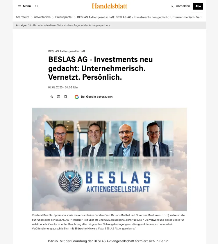 Screenshot Handelsblatt: BESLAS AG, Investments neu gedacht, mit Bild von Vorstand und Aufsichtsräten