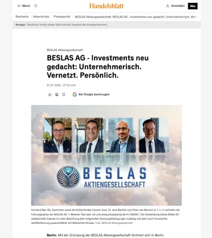 Screenshot Handelsblatt: BESLAS AG, Investments neu gedacht, mit Bild von Vorstand und Aufsichtsräten