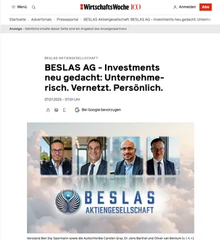 Screenshot WirtschaftsWoche: BESLAS AG, Investments neu gedacht, mit Bild von Vorstand und Aufsichtsräten