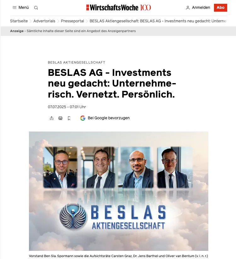 Screenshot WirtschaftsWoche: BESLAS AG, Investments neu gedacht, mit Bild von Vorstand und Aufsichtsräten