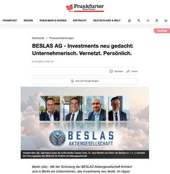 Screenshot Frankfurter Neue Presse: BESLAS AG, Investments neu gedacht, mit Bild von Vorstand und Aufsichtsräten