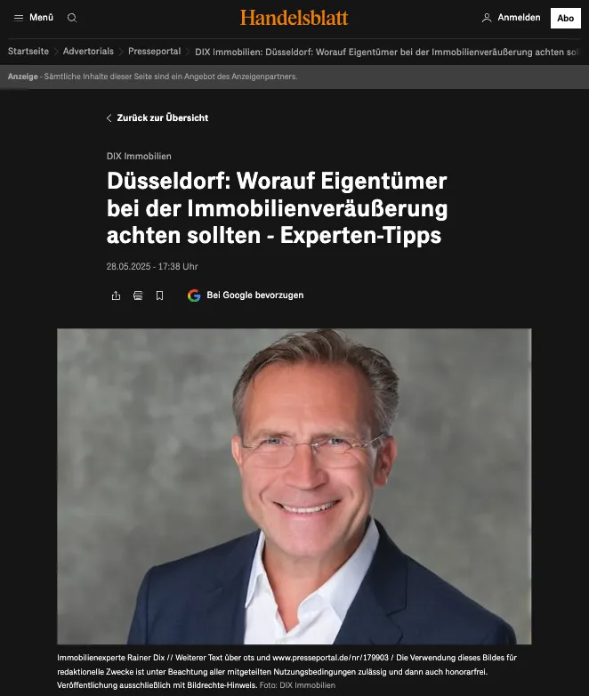 Screenshot Handelsblatt: Düsseldorf, worauf Eigentümer bei der Immobilienveräußerung achten sollten, mit Foto von Rainer Dix