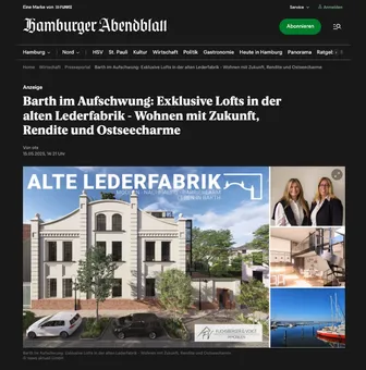 Screenshot Hamburger Abendblatt: Barth im Aufschwung, Exklusive Lofts in der alten Lederfabrik, mit Visualisierung und Foto der Inhaberinnen