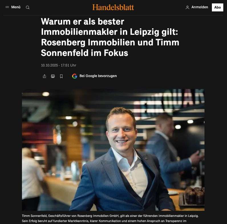 Screenshot Handelsblatt: Warum er als bester Immobilienmakler in Leipzig gilt, Rosenberg Immobilien und Timm Sonnenfeld im Fokus