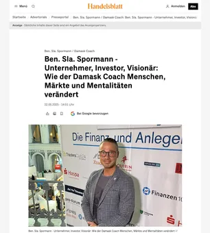 Screenshot Handelsblatt: Ben. Sla. Spormann, Unternehmer, Investor, Visionär, mit Foto von Ben Sla. Spormann auf einer Finanzmesse
