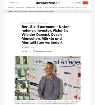 Screenshot WirtschaftsWoche: Ben. Sla. Spormann, Unternehmer, Investor, Visionär, mit Foto von Ben Sla. Spormann