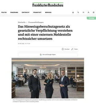 Screenshot Frankfurter Rundschau: Das Hinweisgeberschutzgesetz als gesetzliche Verpflichtung verstehen, mit Foto der drei Beraterinnen und Berater