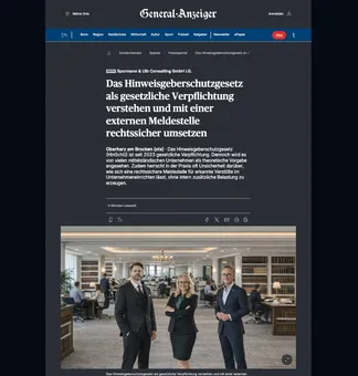 Screenshot General-Anzeiger: Das Hinweisgeberschutzgesetz als gesetzliche Verpflichtung verstehen, Spormann & Ulb Consulting GmbH