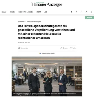Screenshot Hanauer Anzeiger: Das Hinweisgeberschutzgesetz als gesetzliche Verpflichtung verstehen, mit Foto der drei Beraterinnen und Berater