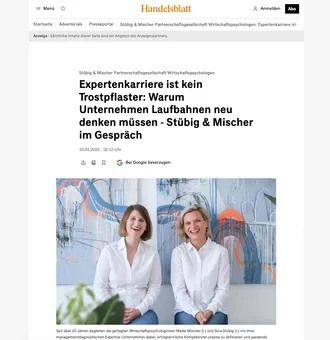Screenshot Handelsblatt: Expertenkarriere ist kein Trostpflaster, mit Foto von Maike Mischer und Sina Stübig