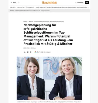 Screenshot Handelsblatt: Nachfolgeplanung für erfolgskritische Schlüsselpositionen im Top-Management