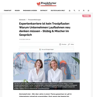 Screenshot Frankfurter Neue Presse: Expertenkarriere ist kein Trostpflaster, mit Foto der beiden Wirtschaftspsychologinnen