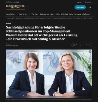 Screenshot Braunschweiger Zeitung: Nachfolgeplanung für erfolgskritische Schlüsselpositionen im Top-Management, mit Foto von Maike Mischer und Sina Stübig