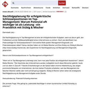 Screenshot FinanzNachrichten.de: Nachfolgeplanung für erfolgskritische Schlüsselpositionen im Top-Management, Interview mit Maike Mischer und Sina Stübig
