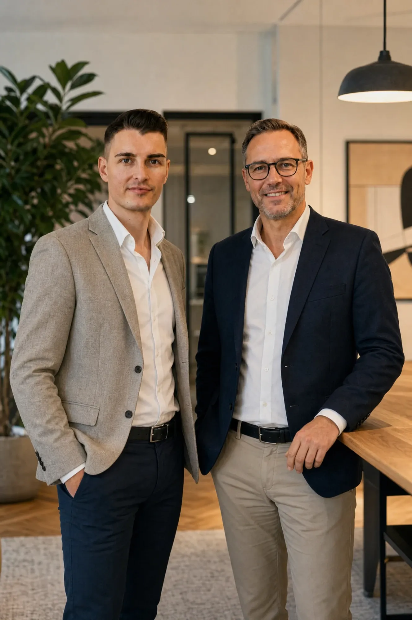 Nolen Kunert und Ulrich Wickert von Widersperg stehen nebeneinander in einem hellen Büro