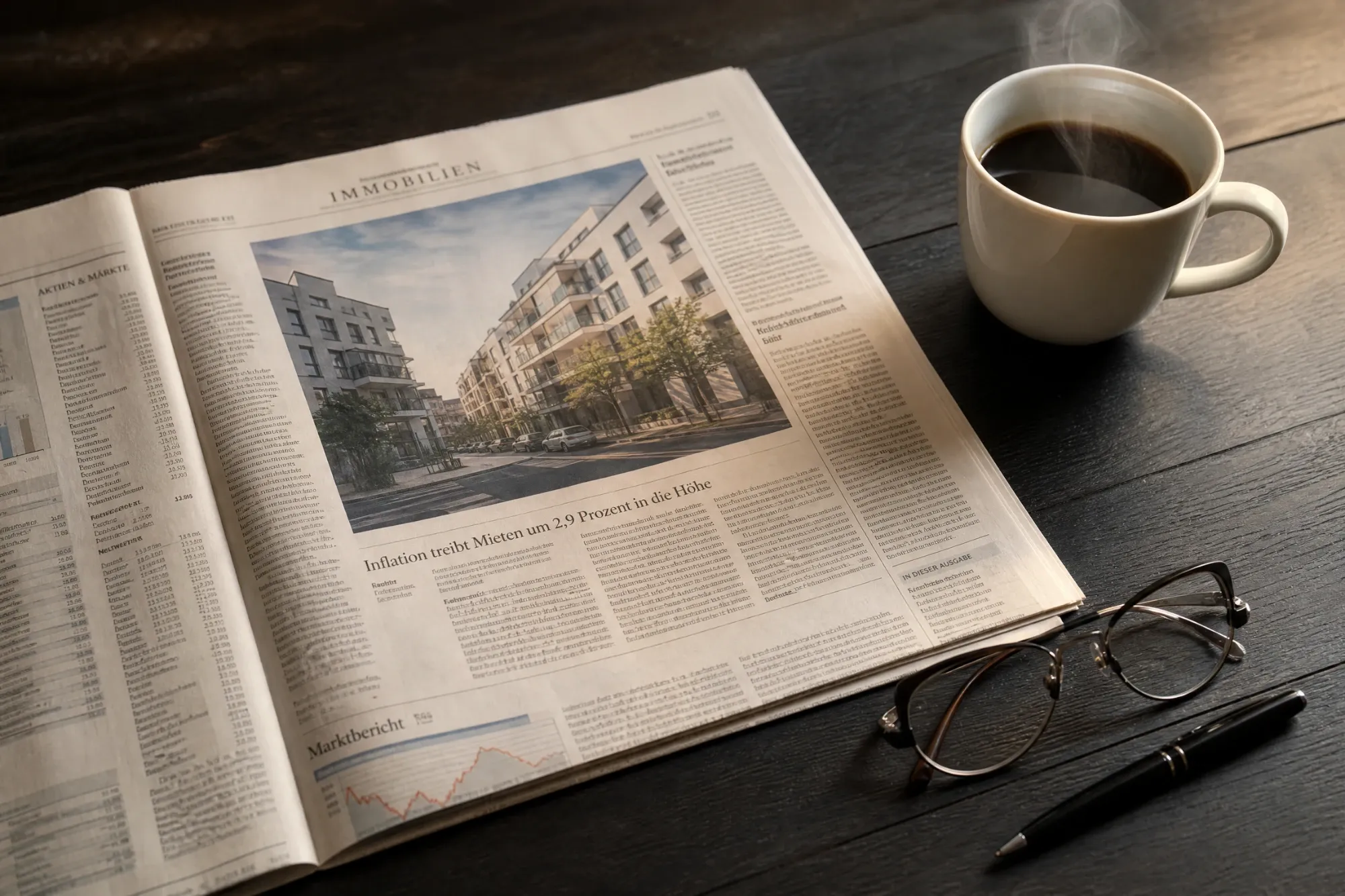 Aufgeschlagene Zeitung mit Immobilienteil, daneben Kaffeetasse, Brille und Stift auf einem dunklen Holztisch